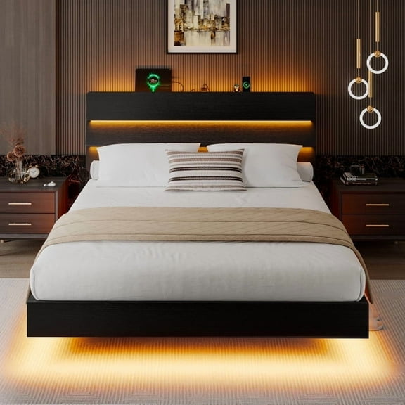 Honfach Floating Queen Size Bed Frame with LED Lights & Charging Station, Platform Bed with Wooden Storage Headboard,Black.