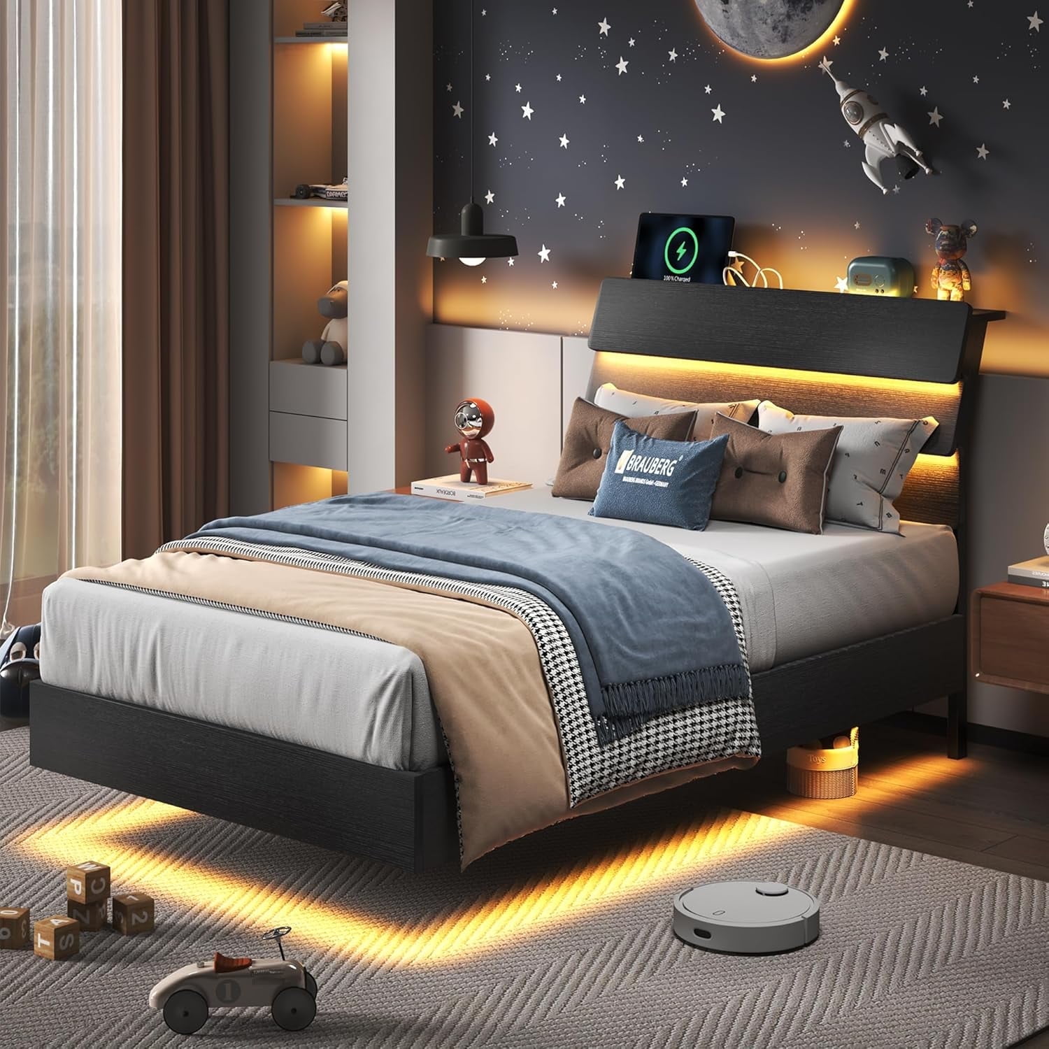 Honfach Floating twin Size Bed Frame with LED Lights & Charging Station, Platform Bed with Wooden Storage Headboard, Black.