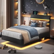 Honfach Floating twin Size Bed Frame with LED Lights & Charging Station, Platform Bed with Wooden Storage Headboard, Black.