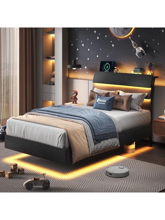 Floating twin Size Bed Frame with LED Lights & Charging Station, Platform Bed with Wooden Storage Headboard, Black.
