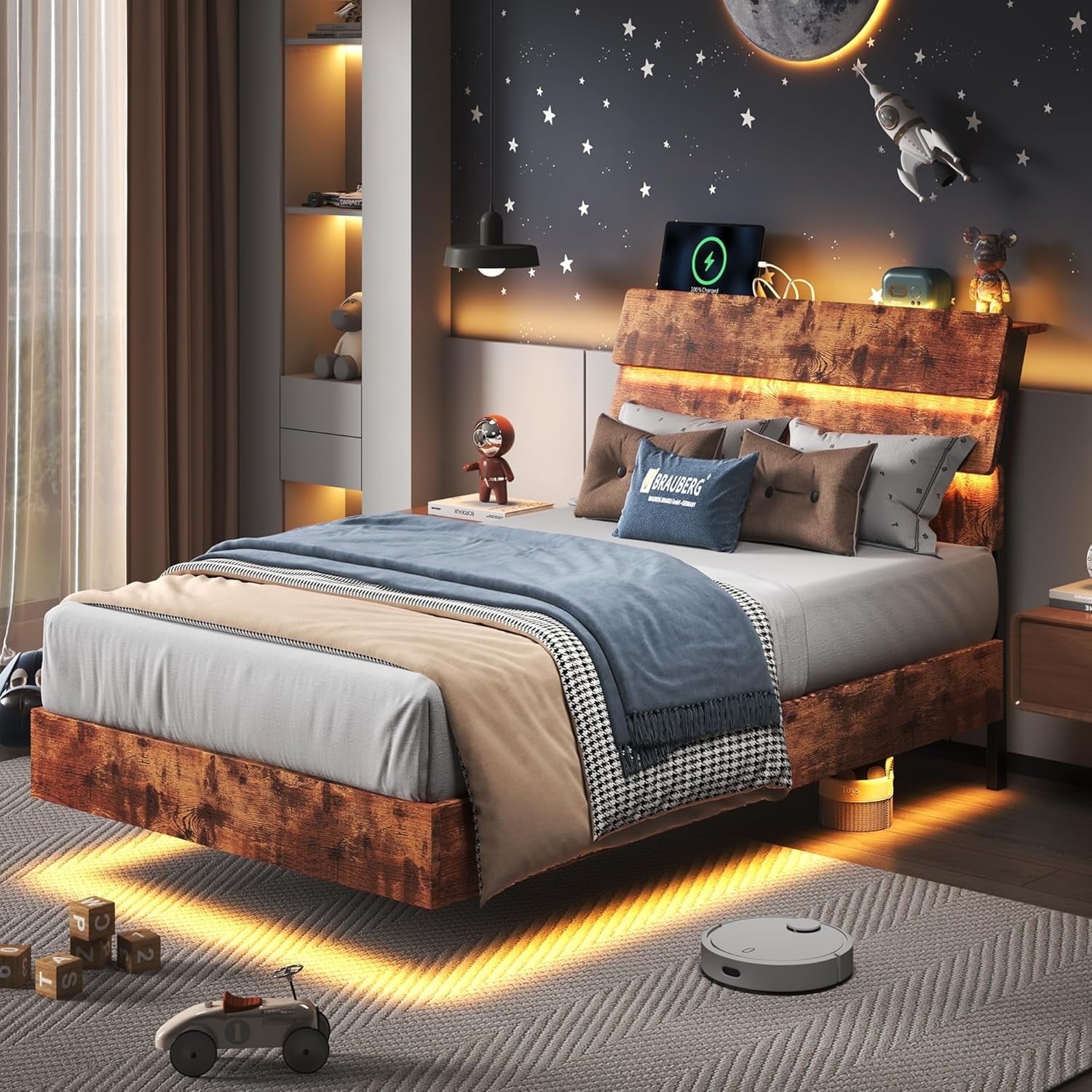 Feonase Floating twin Size Bed Frame with LED Lights Charging