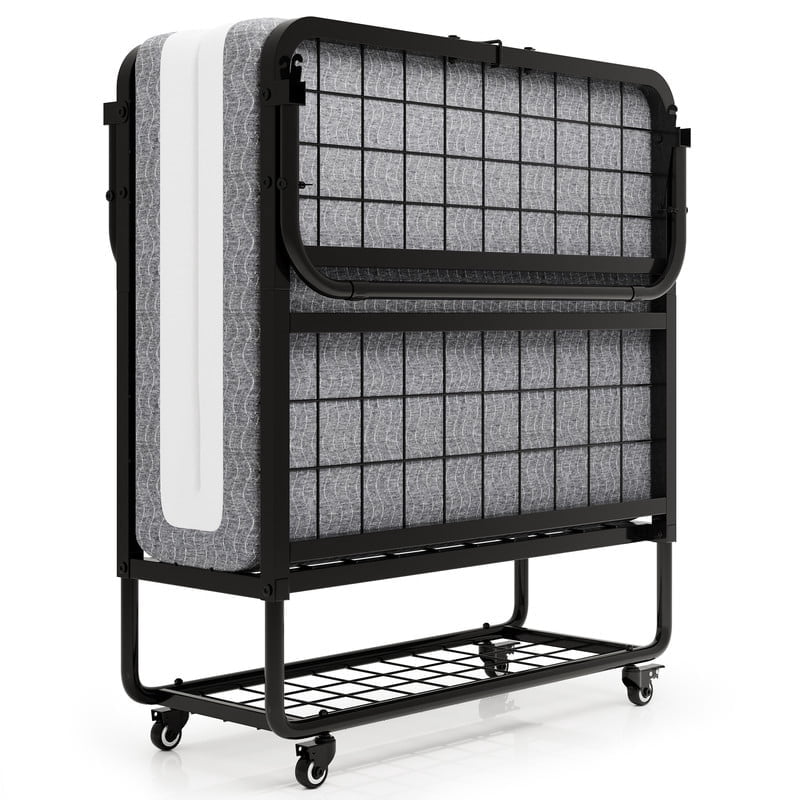 Feonase Folding Bed with Mattress, Roll Away Beds for Adults, Portable Foldable Bed, 76" x 38" Fold up Bed with Metal Frame on Wheels, Space Saving