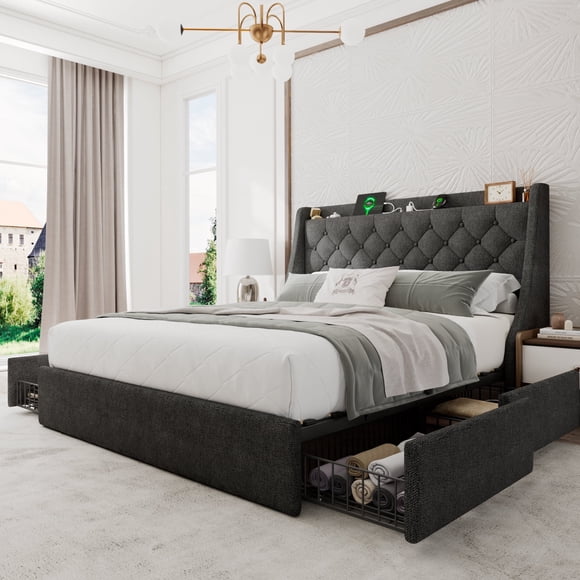 Honfach Full Bed Frame with 4 Storage Drawers, Upholstered Storage Bed with Charging Station, Wingback Storage Headboard, No Box Spring Needed, Dark Grey