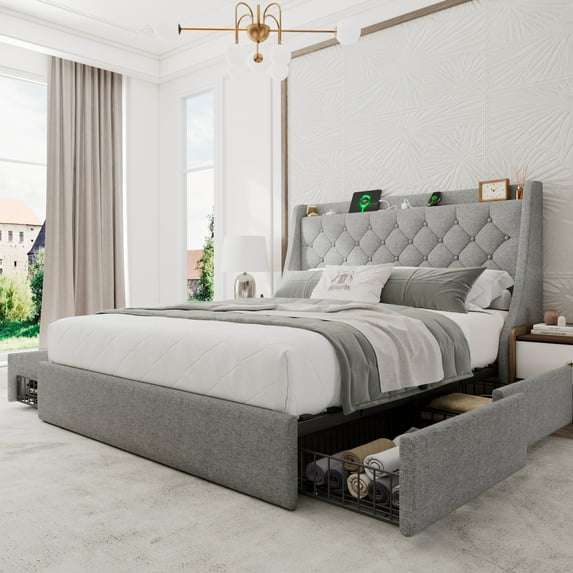 Honfach Full Bed Frame with 4 Storage Drawers, Upholstered Storage Bed with Charging Station, Wingback Storage Headboard, No Box Spring Needed,Light Gray