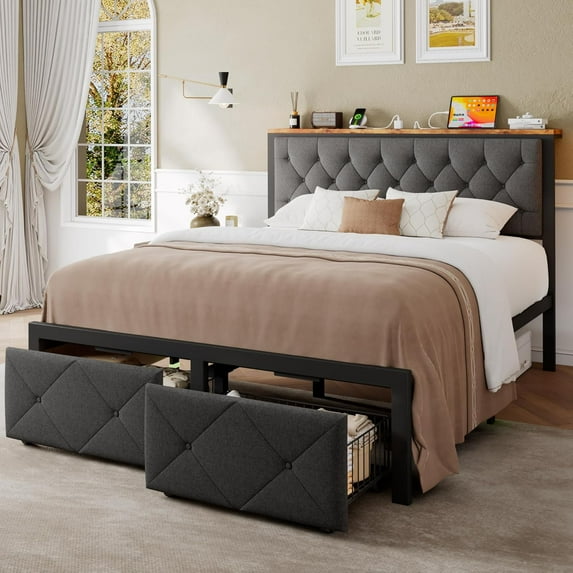 Honfach Full Bed Frame with 2 Storage Drawers, Linen Upholstered Headboard Platform Bed with Charging Station, No Box Spring Needed, Noise-Free, Easy Assembly, Grey