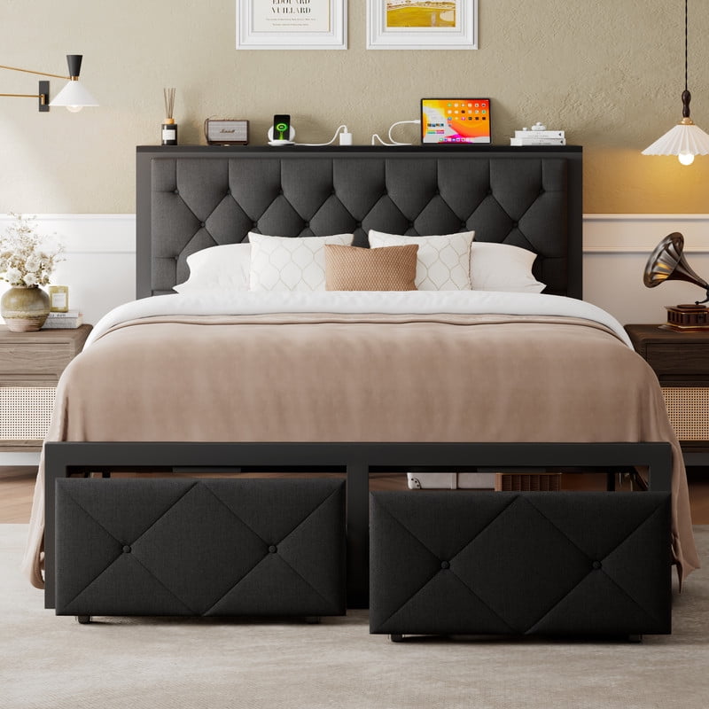 Honfach Full Bed Frame with 2 Storage Drawers, Linen Upholstered Headboard Platform Bed with Charging Station, No Box Spring Needed, Noise-Free, Easy Assembly,Black