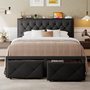 Honfach Full Bed Frame with 2 Storage Drawers, Linen Upholstered Headboard Platform Bed with Charging Station, No Box Spring Needed, Noise-Free, Easy Assembly,Black