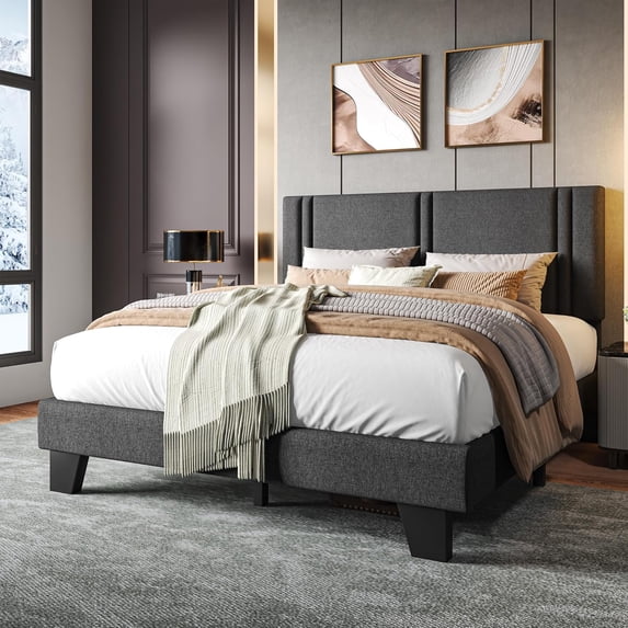 Honfach Full Bed Frame, Velvet Upholstered Platform Bed Frame, Solid Wood Slats & Heavy Duty Feet Support, No Box Spring Needed, Noise-Free, Easy Assembly, Dark Gray