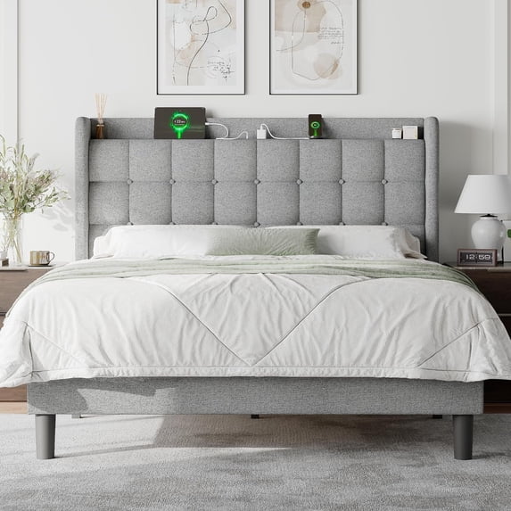 Feonase Full Size Bed Frame with Charging Station,Upholstered Platform Bed Frame with Wingback Storage Headboard, No Box Spring Needed,Light Grey