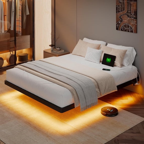 Honfach Full Size Floating Bed Frame with Led Lights and Charging Station, Metal Bed Frame with Heavy Duty Steel Slats Supports, Black