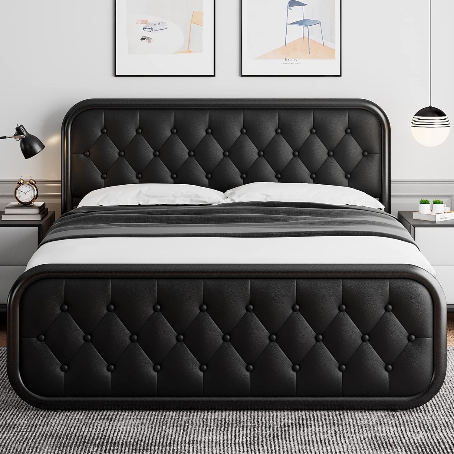 Honfach Full Size Metal Bed Frame with Leather Headboard, Heavy-Duty Platform Bed Frame, Thicker Metal Steel Slats Support, 12'' Under-Bed Space, Black