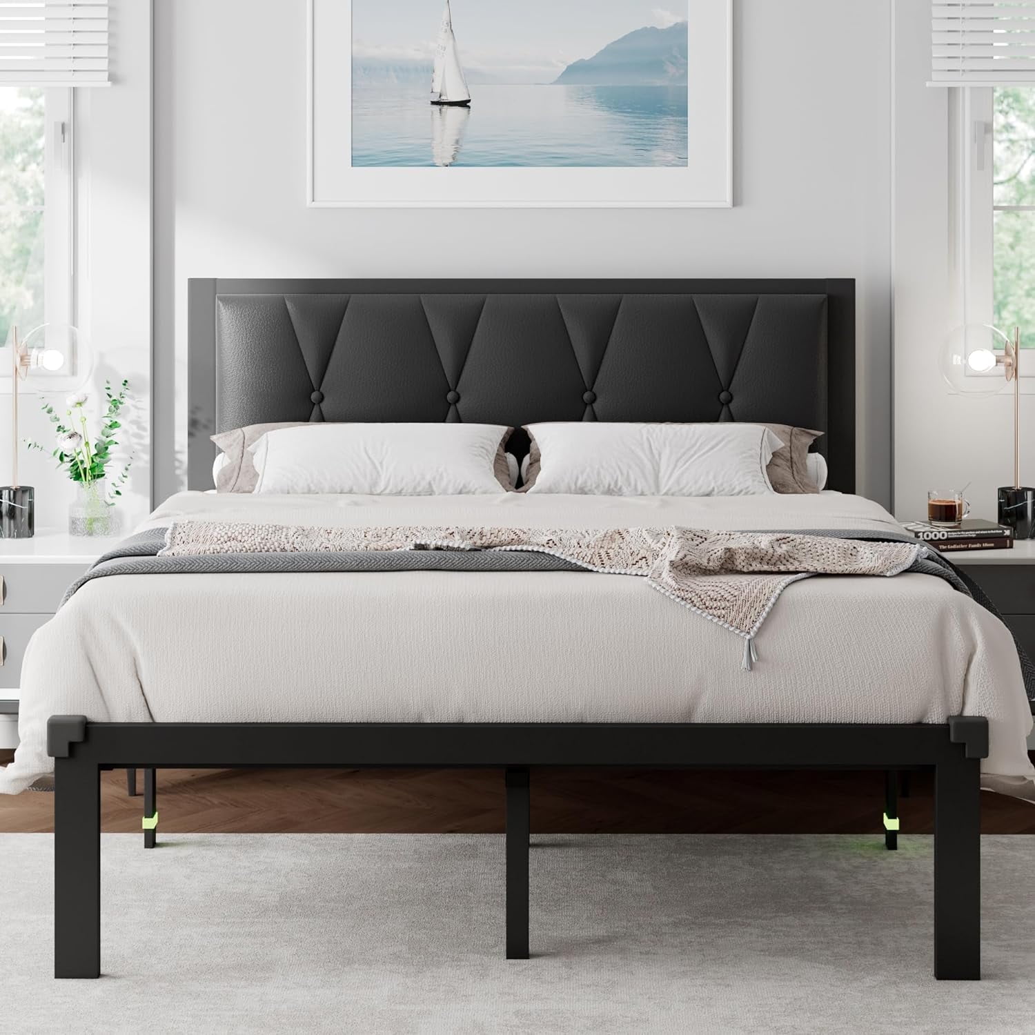 Feonase Full Size Metal Platform Bed Frame,Faux Leather Button Tufted Headboard&12" Underbed Storage,  Black