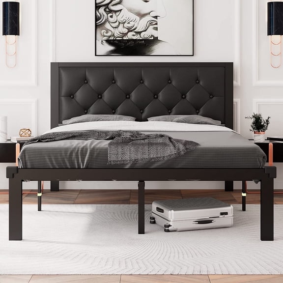 Honfach Full Size Metal Platform Bed Frame with Faux Leather Upholstered Button Tufted Headboard, Black