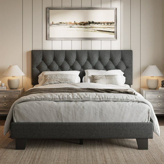 Honfach Full Size Velvet Bed Frame with Upholstered Button Tufted Headboard, Platform Bed with Wooden Slats Support, Dark Gray