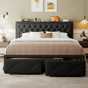 Honfach King Bed Frame with 2 Storage Drawers, Linen Upholstered Headboard Platform Bed with Charging Station, No Box Spring Needed, Noise-Free, Easy Assembly,B