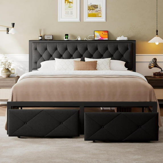 Honfach King Bed Frame with Storage Drawer, Metal Platform Bed with Charging Station, Upholstered Button Tufted Storage Headboard, No Box Spring Needed, Noise-Free, Easy Assembly, Black