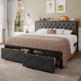 thumbnail image 1 of Honfach King Bed Frame with Storage Drawer, Metal Platform Bed with Charging Station, Upholstered Button Tufted Storage Headboard, Grey, 1 of 9