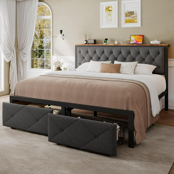 Honfach King Bed Frame with Storage Drawer, Metal Platform Bed with Charging Station, Upholstered Button Tufted Storage Headboard, Grey