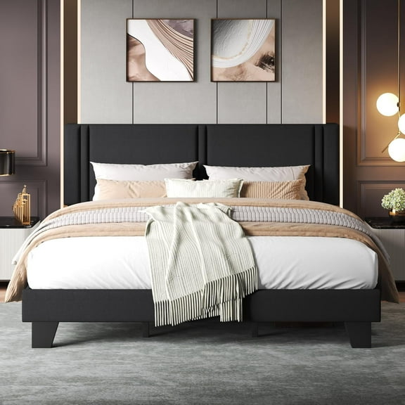 Honfach King Bed Frame, Velvet Upholstered Platform Bed Frame, Solid Wood Slats & Heavy Duty Feet Support, No Box Spring Needed, Noise-Free, Easy Assembly, Black