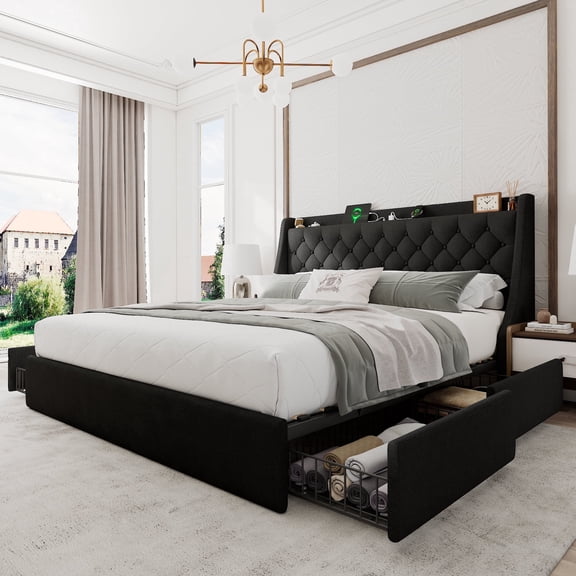 Honfach King Bed Frame with 4 Storage Drawers, Upholstered Platform Bed Frame with Type-C & USB Ports, Wingback Storage Headboard,Black