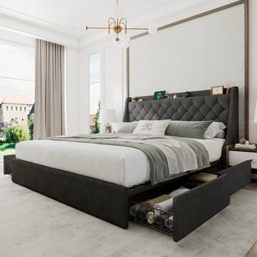 Honfach King Bed Frame with 4 Storage Drawers, Upholstered Storage Bed with Charging Station, Wingback Storage Headboard, Dark Grey