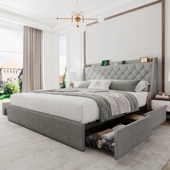 Honfach King Bed Frame with 4 Storage Drawers, Upholstered Storage Bed with Charging Station, Wingback Storage Headboard, Light Gray