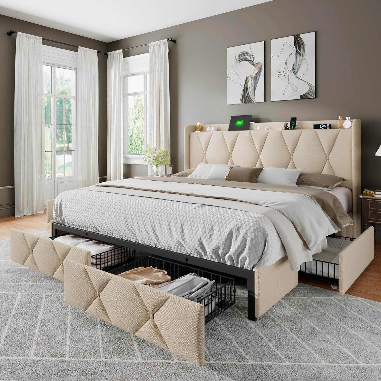 Feonase King Size Bed Frame with 4 Storage Drawers, Upholstered ...