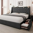 thumbnail image 1 of Feonase King Size Bed Frame with 4 Storage Drawers, Upholstered Storage Bed with Charging Station, Tufted Wingback Headboard, No Box Spring Needed, Dark Grey, 1 of 7