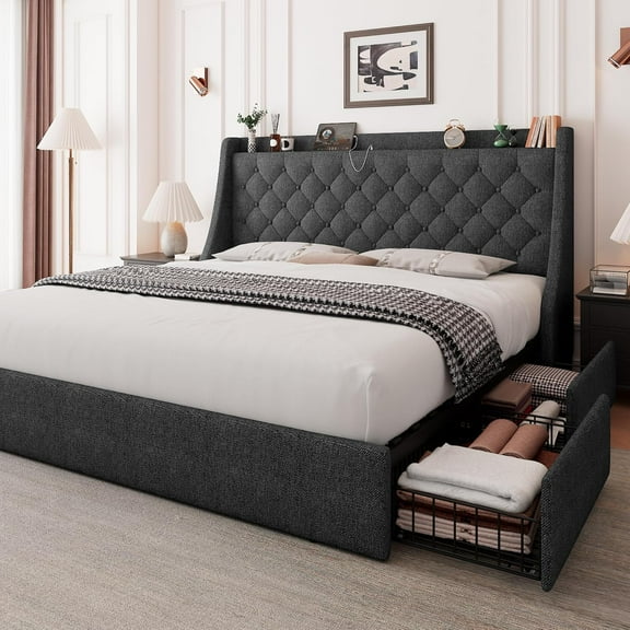 Feonase King Size Bed Frame with 4 Storage Drawers, Upholstered Storage Bed with Charging Station, Tufted Wingback Headboard, No Box Spring Needed, Dark Grey
