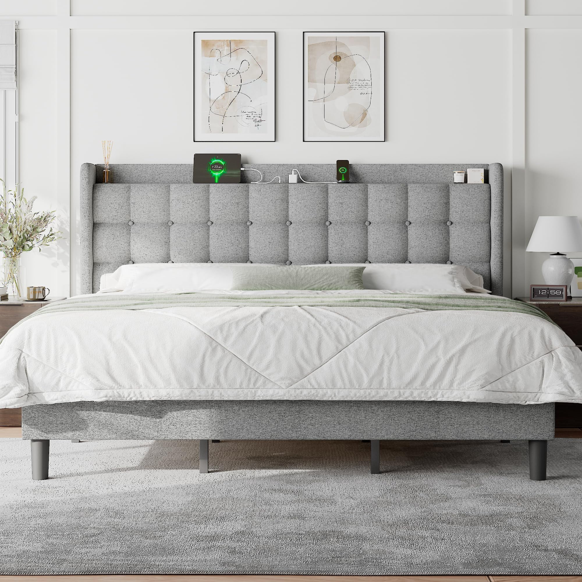 Feonase King Size Bed Frame with Charging Station, Upholstered Platform ...
