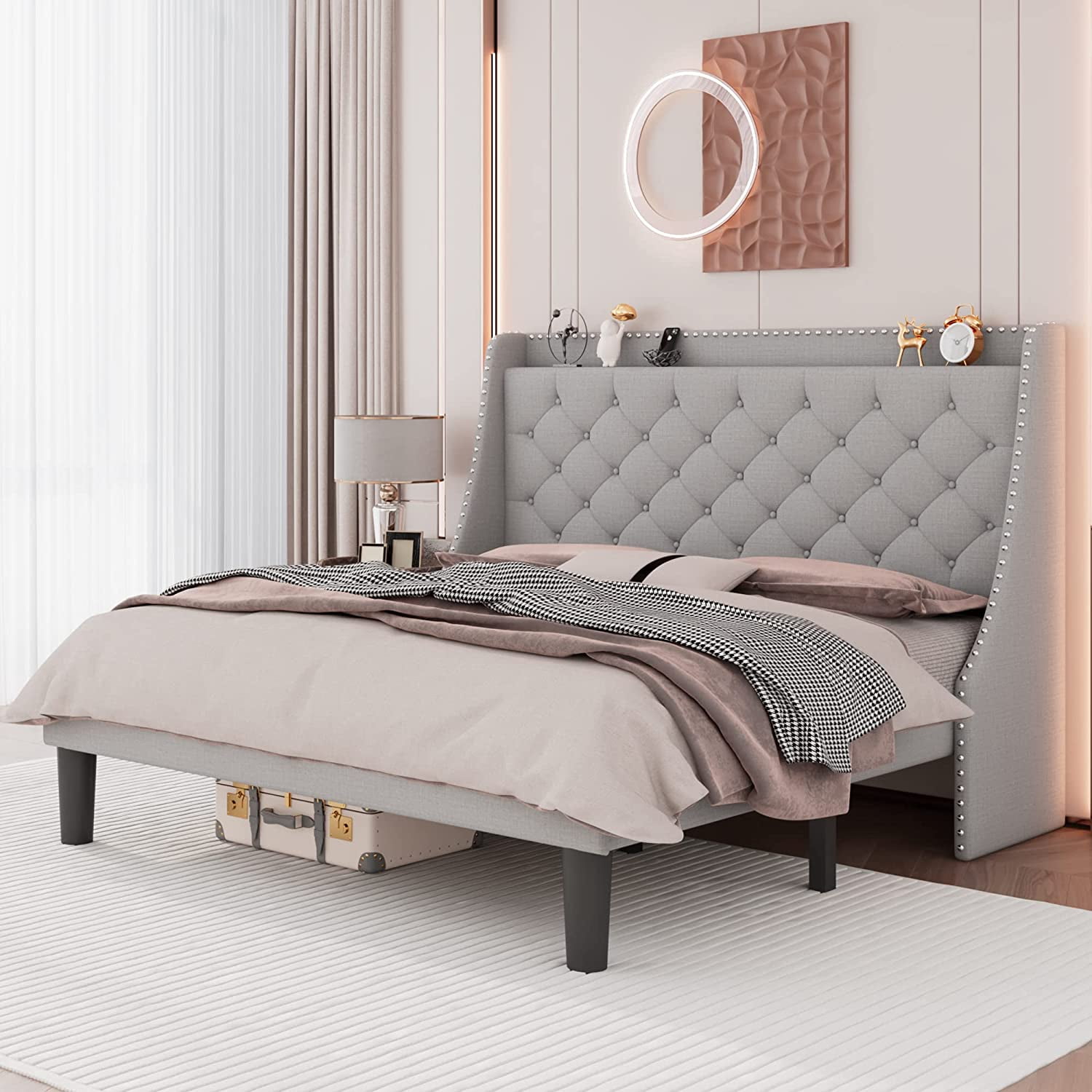 Feonase King Size Bed Frame with Deluxe Wingback Headboard Upholstered