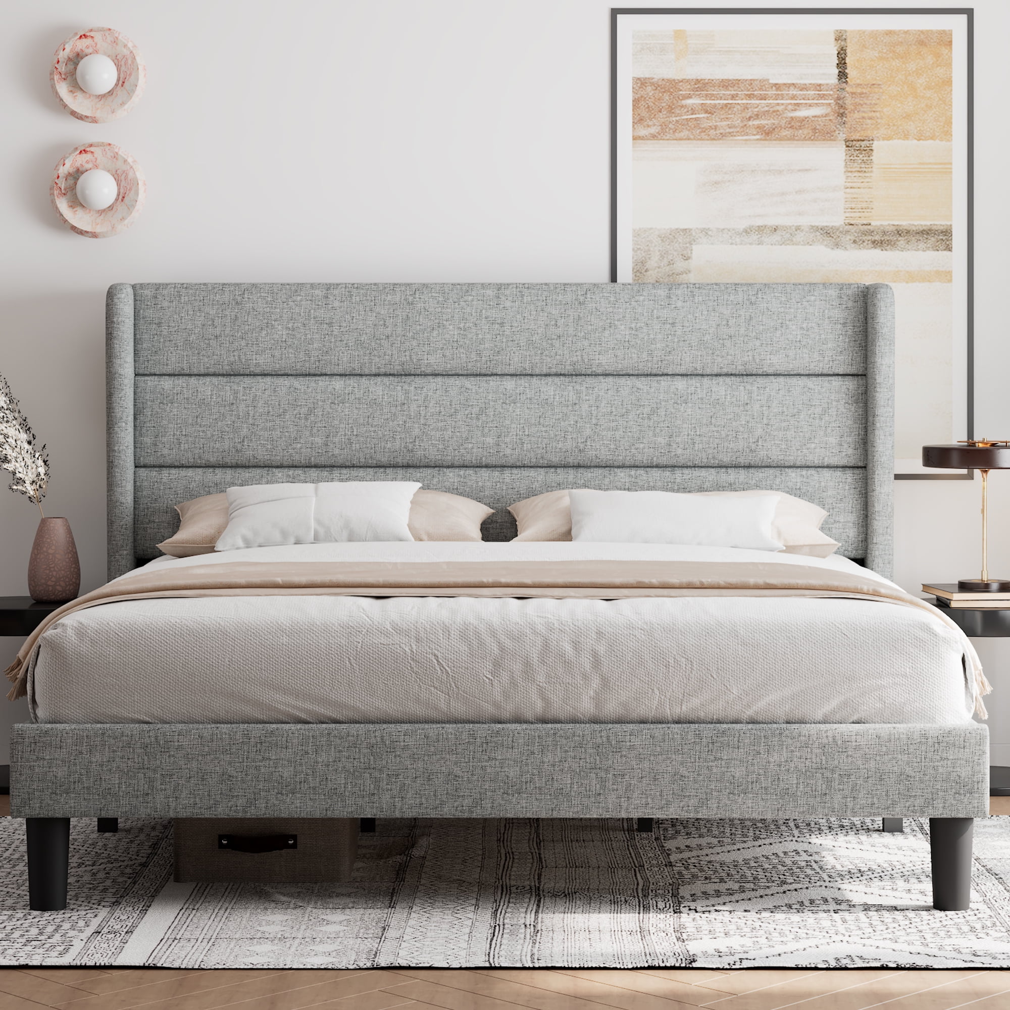 Feonase King Size Bed Frame With Square Stitched Headboard, Faux ...