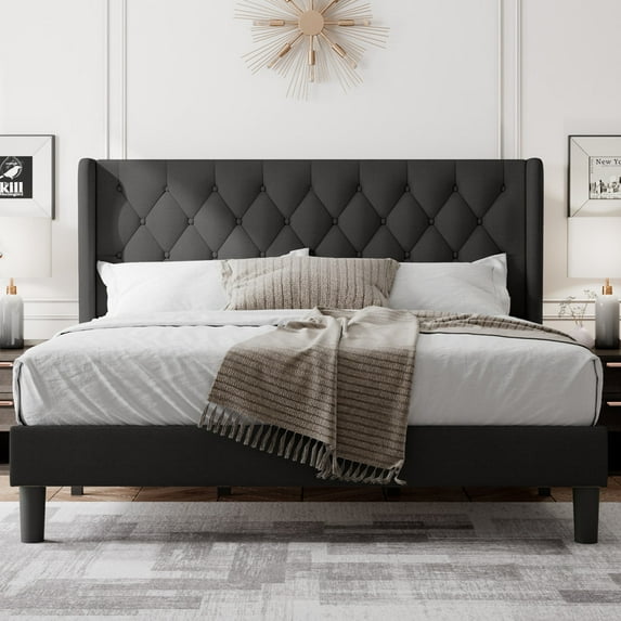 Feonase King Size Bed Frame with Upholstered Wingback Headboard,Button Tufted Platform Bed and Heavy Duty Wooden Slats Support,Easy Assembly, Noise-Free,No Box Spring Needed, Black