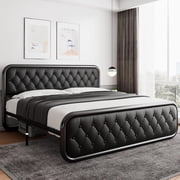 Honfach King Size Metal Bed Frame with Leather Headboard, Heavy-Duty Platform Bed Frame, Thicker Metal Steel Slats Support, 12 Under-Bed Space, Noise-Free, Easy Assembly, Black