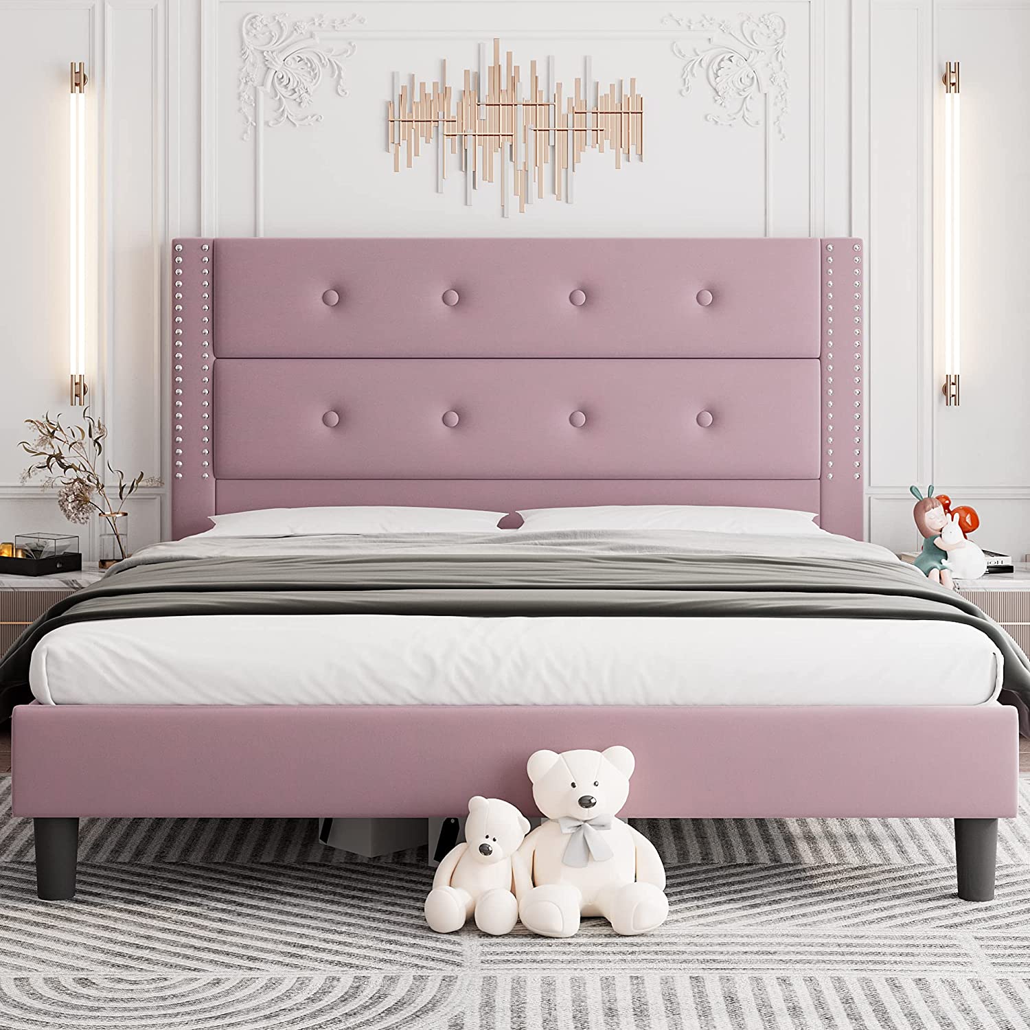 Feonase King Size Platform Bed Frame with Nailhead Trims Tufted