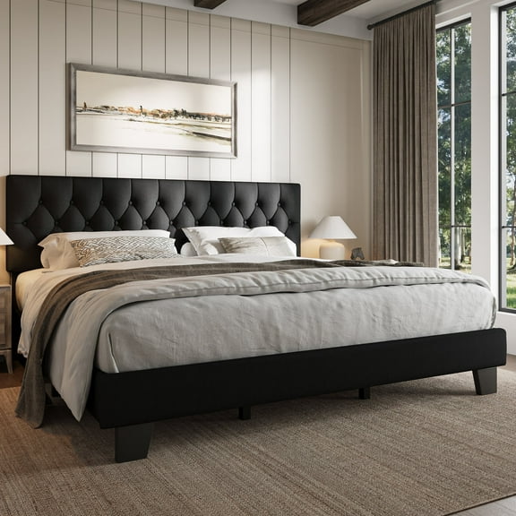Honfach King Size Velvet Bed Frame with Upholstered Button Tufted Headboard, Platform Bed with Wooden Slats Support, No Box Spring Needed, Easy Assembly, Noise-Free,Black
