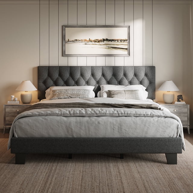 Honfach King Size Velvet Bed Frame with Upholstered Button Tufted Headboard, Platform Bed with Wooden Slats Support, No Box Spring Needed, Easy Assembly, Noise-Free,Dark Gray
