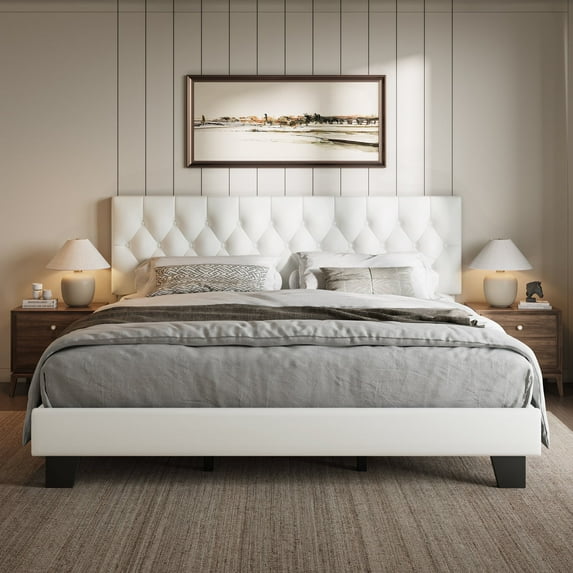 Honfach King Size Velvet Bed Frame with Upholstered Button Tufted Headboard, Platform Bed with Wooden Slats Support, No Box Spring Needed, Easy Assembly, Noise-Free, White