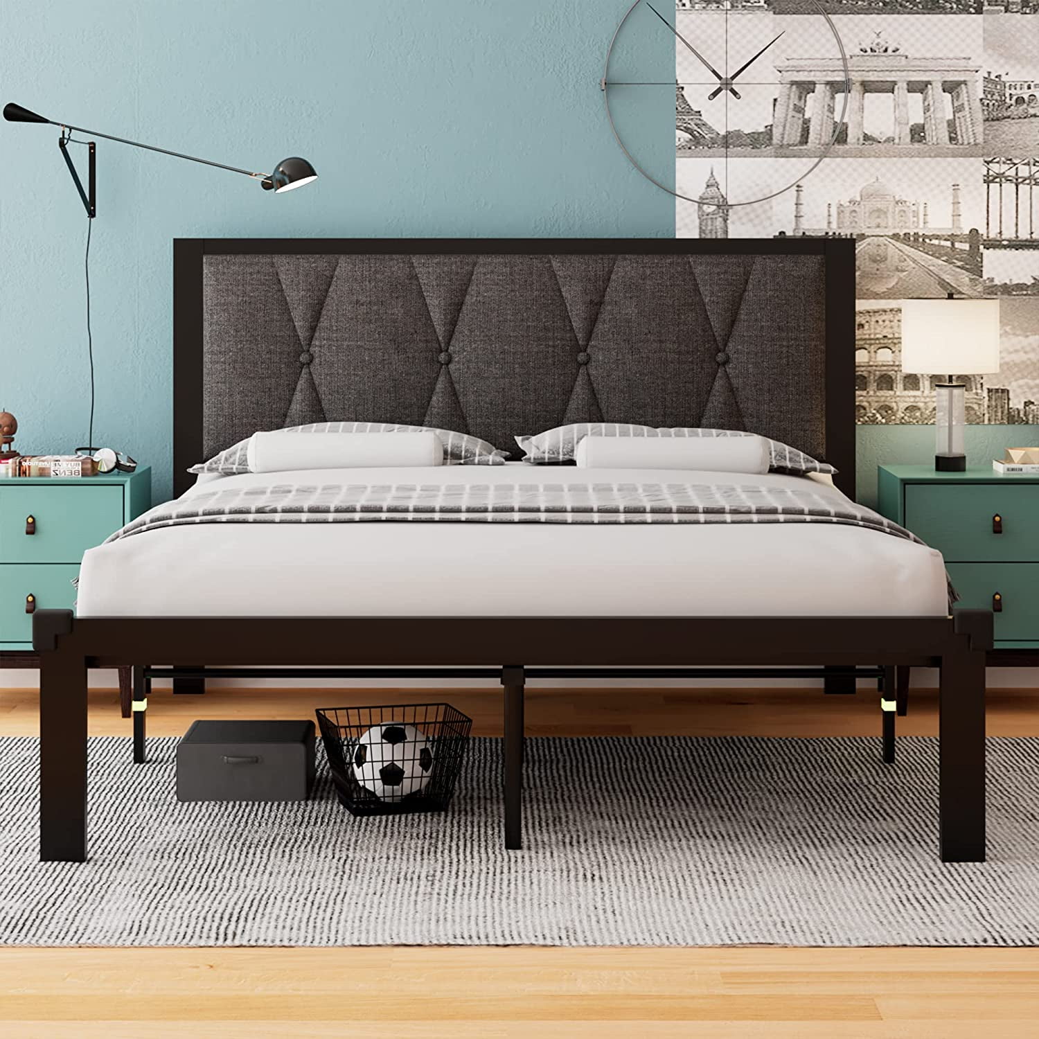 Feonase Metal Full Size Bed Frame With Upholstered Fabric Headboard ...