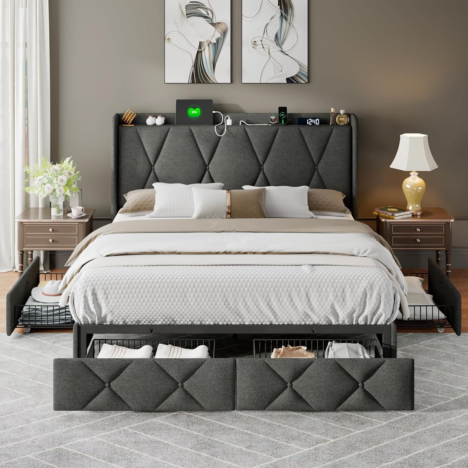 Feonase Queen Bed Frame with 4 Storage Drawers, Upholstered Button ...