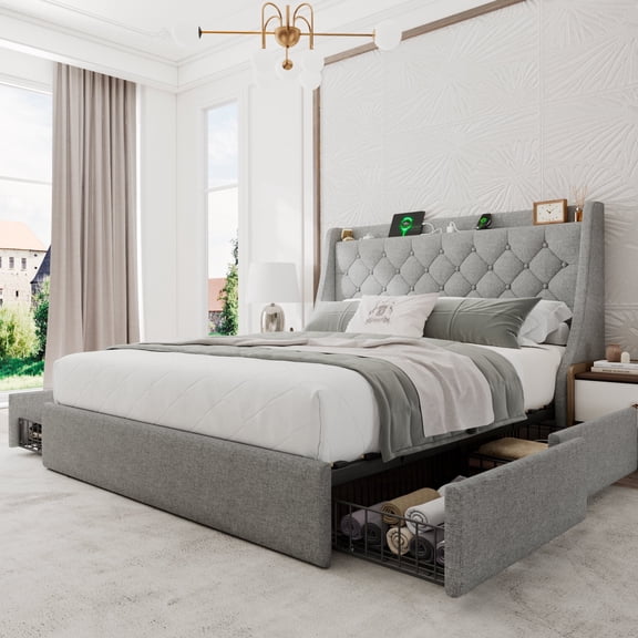 Honfach Queen Bed Frame with 4 Storage Drawers, Upholstered Storage Bed with Charging Station, Wingback Storage Headboard, No Box Spring Needed,Light Gray