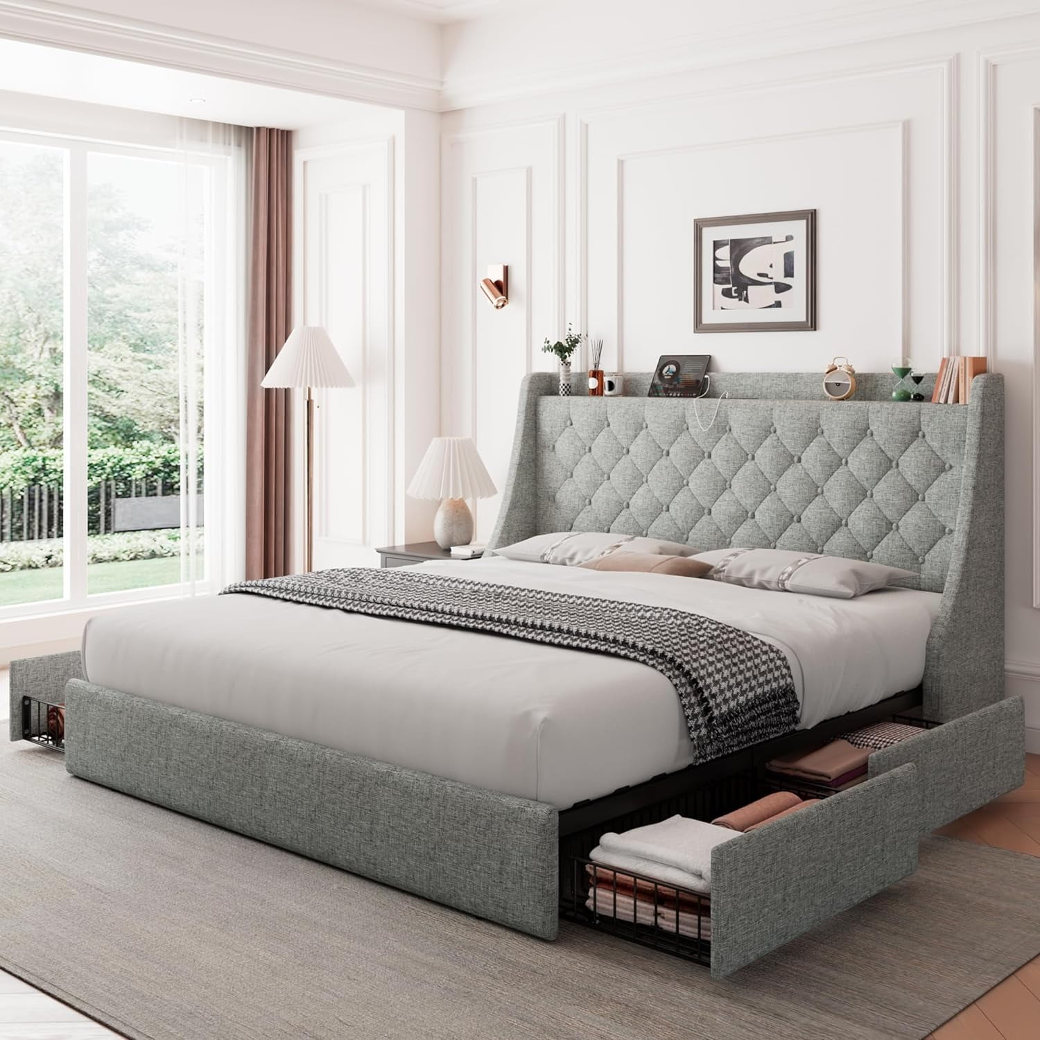 Feonase Queen Bed Frame with 4 Storage Drawers, Upholstered Storage Bed ...