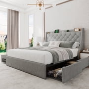 Honfach Queen Bed Frame with 4 Storage Drawers, Upholstered Storage Bed with Charging Station, Wingback Storage Headboard, No Box Spring Needed,Light Gray