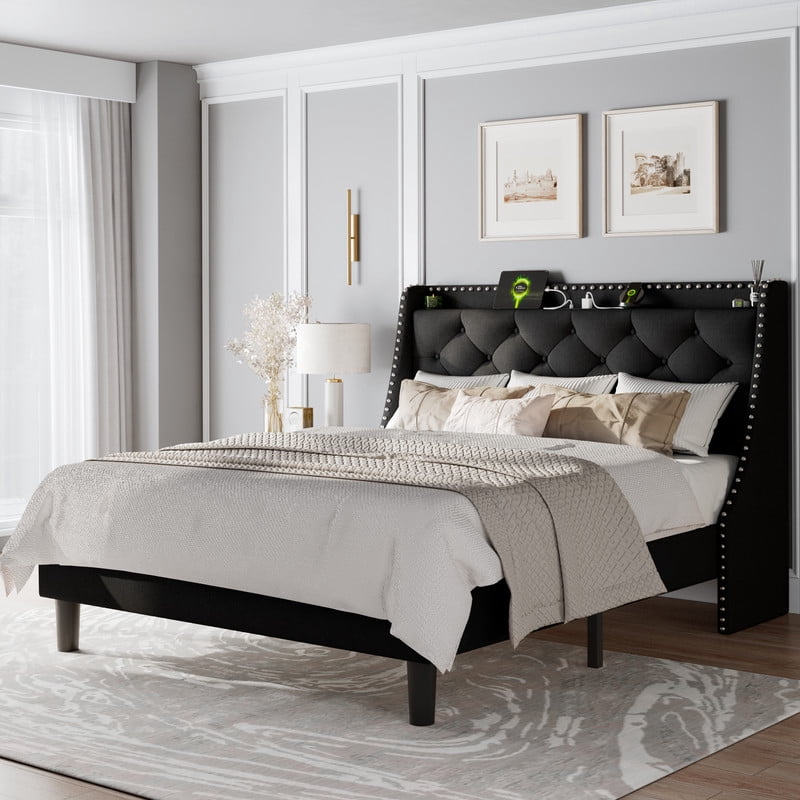Feonase Queen Bed Frame with Luxury Wingback and Fast Charging Station,Upholstered Button Tufted Storage Headboard Platform Bed,Sturdy Wooden Slats Support,Noise-Free,Easy Assembly,Matte Black