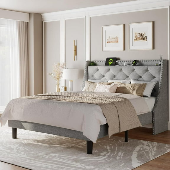 Feonase Queen Bed Frame with Luxury Wingback Upholstered Button Tufted Storage Headboard, Queen Platform Bed with Charging Station, Sturdy Wooden Slats Support, Easy Assembly, Light Gray