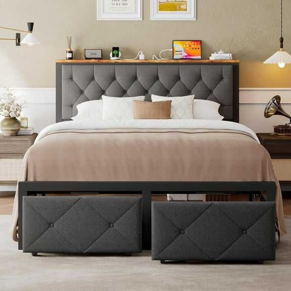 Honfach Queen Bed Frame with Storage Drawer, Metal Platform Bed with Charging Station, Upholstered Button Tufted Storage Headboard, No Box Spring Needed, Noise-Free, Easy Assembly, Grey