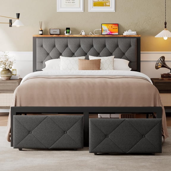 Honfach Queen Bed Frame with 2 Storage Drawers, Linen Upholstered Headboard Platform Bed with Charging Station, No Box Spring Needed, Noise-Free, Easy Assembly, Grey