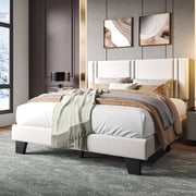 Honfach Queen Bed Frame, Velvet Upholstered Platform Bed Frame, Solid Wood Slats & Heavy Duty Feet Support, No Box Spring Needed, Noise-Free, Easy Assembly, Whi
