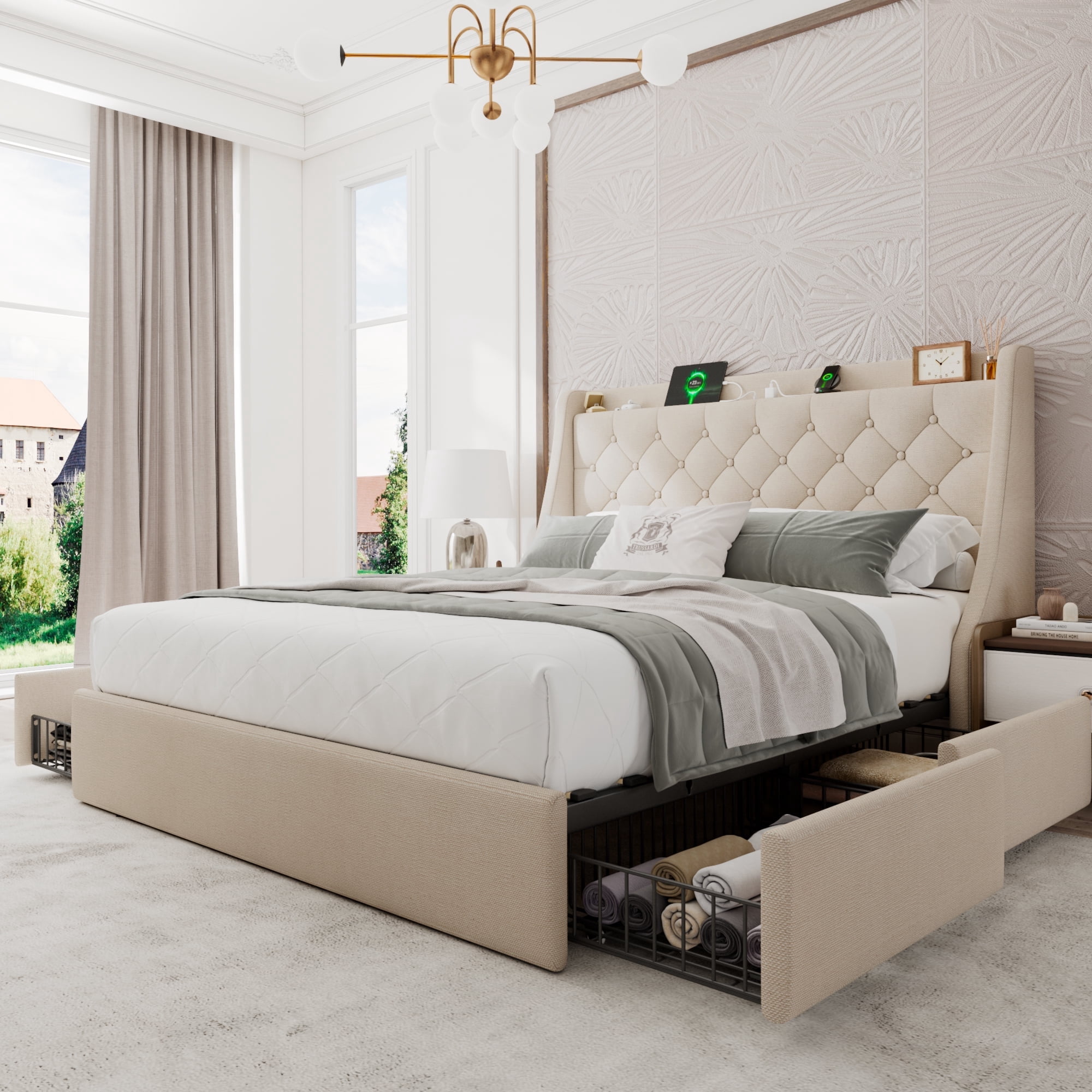 Honfach Queen Bed Frame with 4 Storage Drawers, Upholstered Storage Bed with Charging Station, Wingback Storage Headboard, No Box Spring Needed,Beige