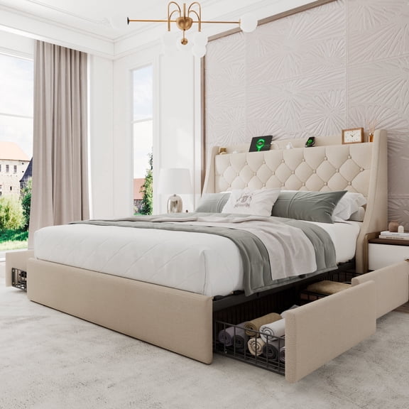 Honfach Queen Bed Frame with 4 Storage Drawers, Upholstered Storage Bed with Charging Station, Wingback Storage Headboard, No Box Spring Needed,Beige